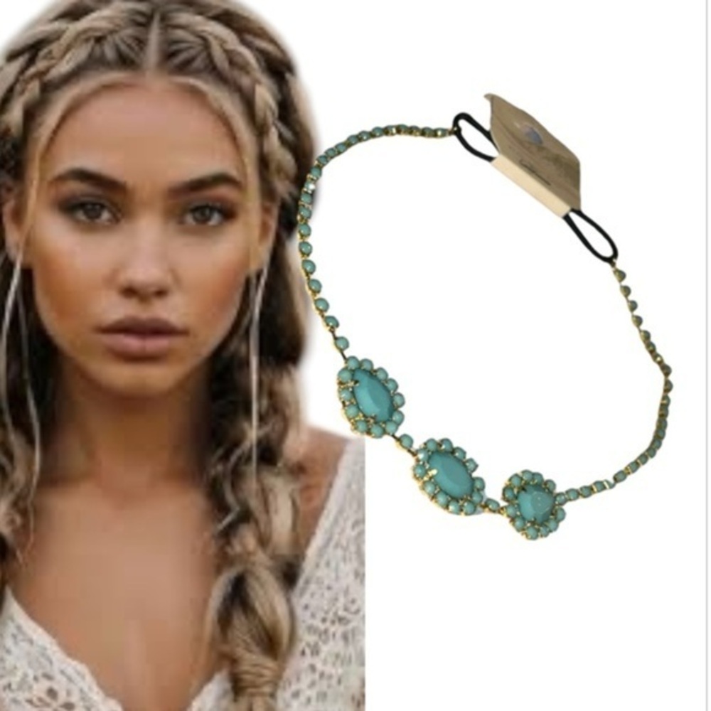 NWT With Love From California turquoise Gem Bohemian Headband W/Elastic back